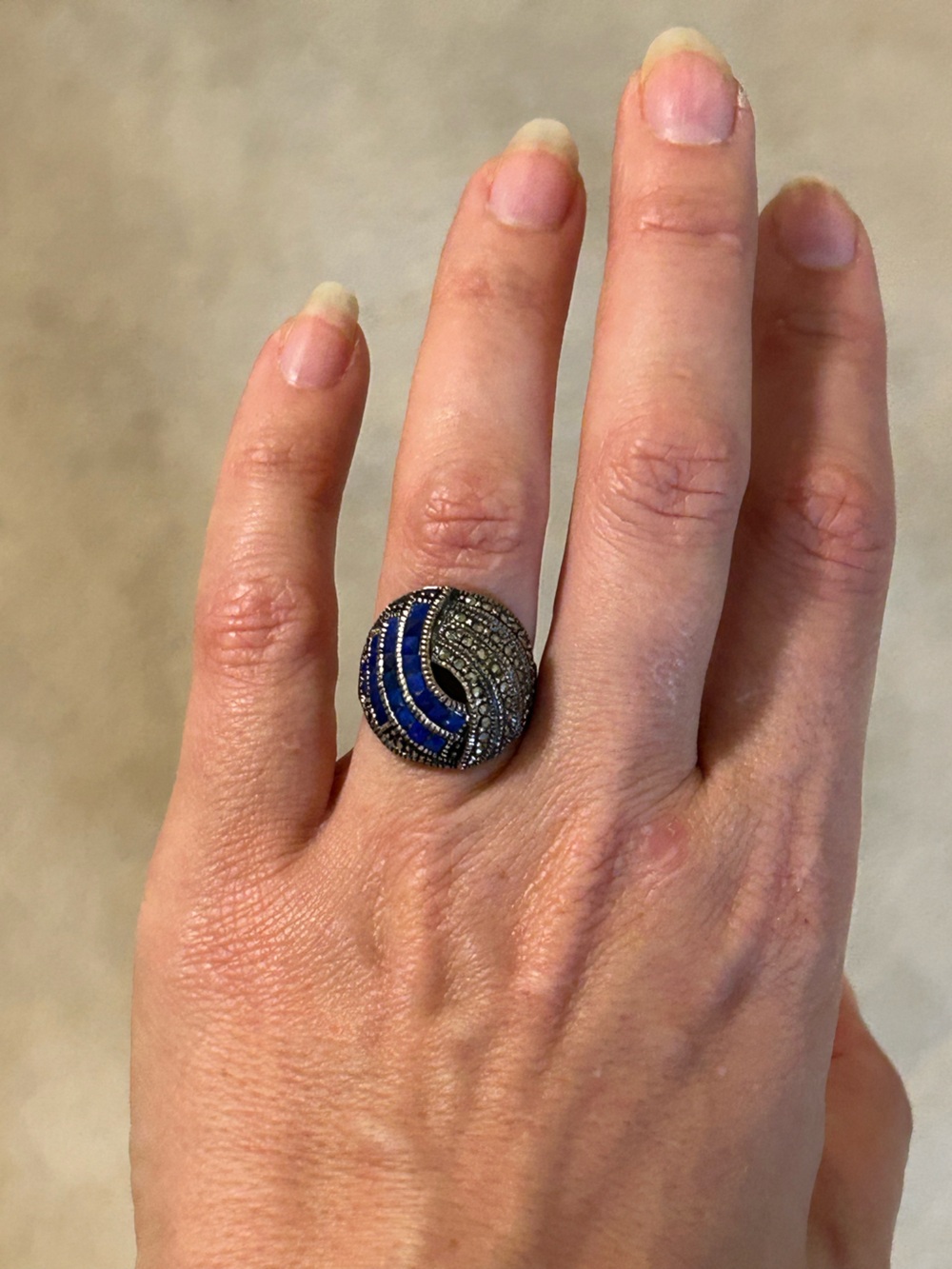 Blue and Black Crystal marcasite vintage Swirl Cocktail Ring